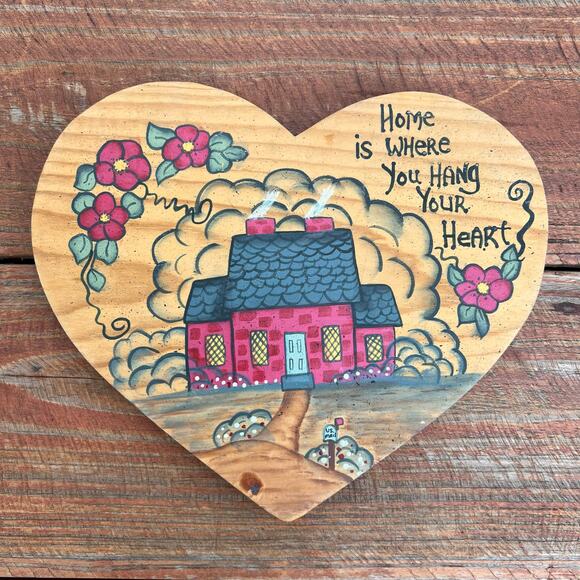 Vintage 80s Wooden Heart Wall Plaque “Home Is Where You Hang Your Heart” Sign - Picture 1 of 15